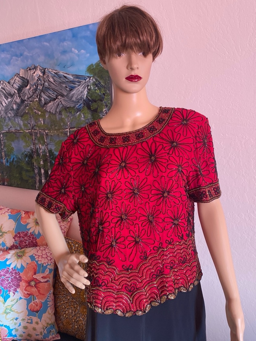 Embroidered Red Beaded Short Sleeve Women's Blouse